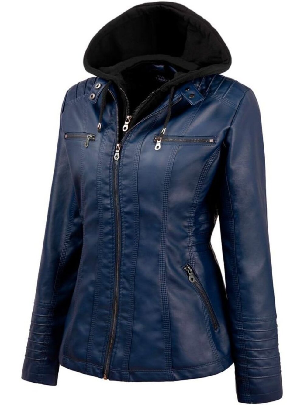 Chic Women's Faux Leather Moto Jacket with Removable Hood - Stylish Biker